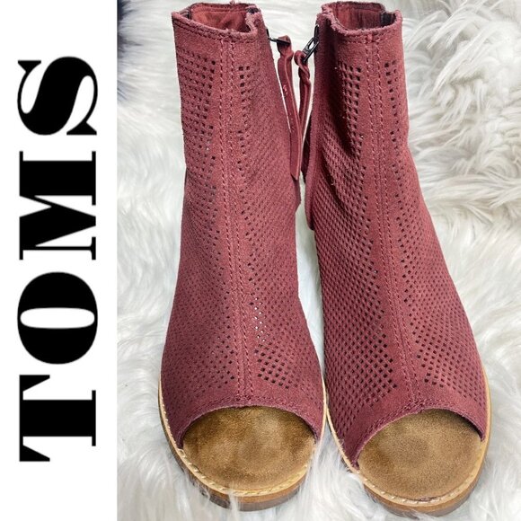 TOMS Majorca Peep Toe Burgundy Red Suede Perforated Ankle Bootie, Size 8.5 - Picture 4 of 10